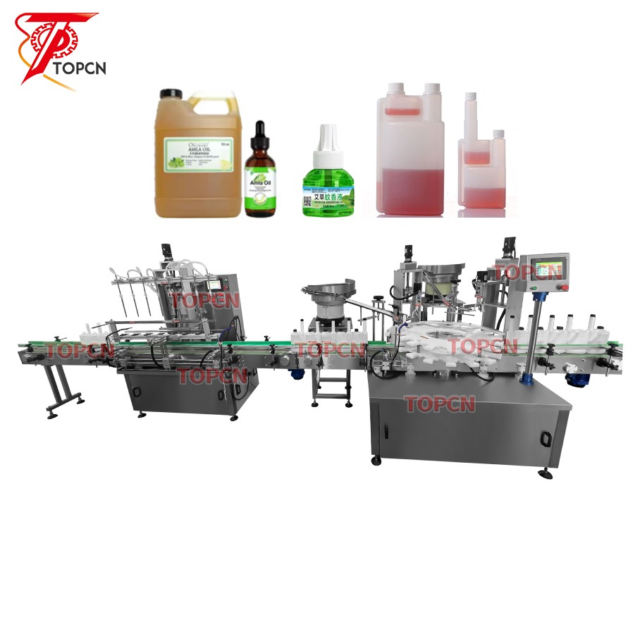 Eight Head Magnetic Pump 3 In 1 Rotary Engine Oil Liquid Filling Capping And Labeling Machine Line